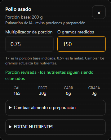 Ejemplo de revisión de una comida en español, con porción editable, calorías, proteína, carbohidratos y grasa.